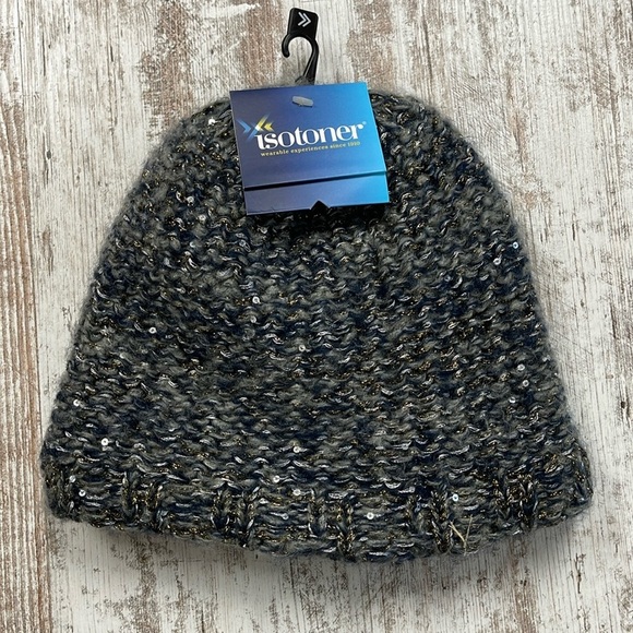 Isotoner NWT Blue Patterned Sequin Lined Winter Hat - Picture 1 of 8